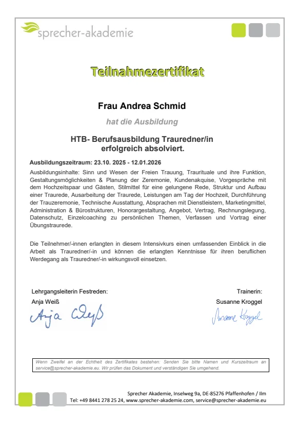 Teilnahmezertifikat der Sprecher Akademie: HTB-Berufsausbildung Traurednerin für Andrea Schmid
